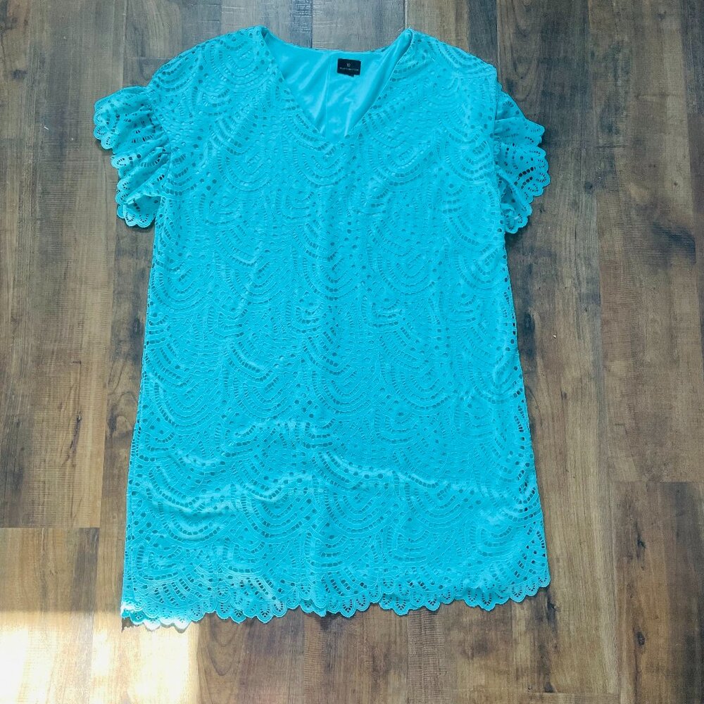 Worthington‎ Turquoise Lace Shift Dress with Flutter Sleeves | Size Large